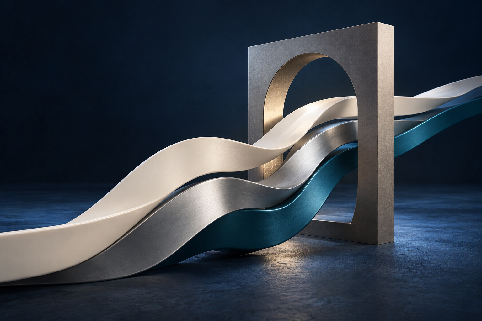 Escultura conceitual com caminhos que se encontram em uma estrutura aberta